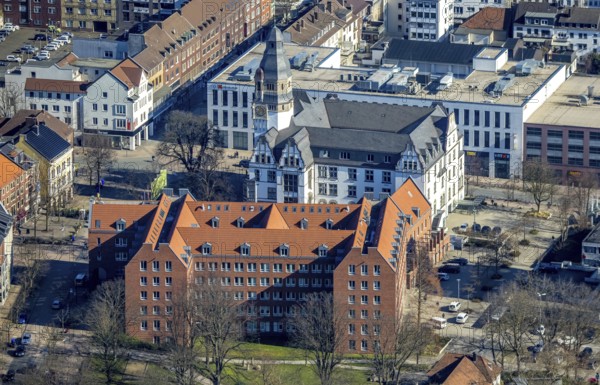 Aerial view, town hall with tower, new town hall, Gladbeck, Ruhr area, North Rhine-Westphalia, Germany, old town hall, authority, DE, Europe, aerial view, aerial photography, aerial photography, town hall, overview, bird's eye view, Willy-Brandt-Platz, birds-eyes view, overview