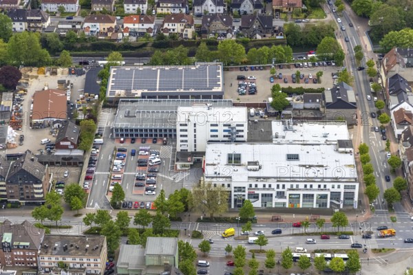 Aerial photo, construction site Glückauf-Center, planned refurbishment and renovation, MArktplatz Gladbeck, Gladbeck, Ruhr area, North Rhine-Westphalia, Germany, Aldi supermarket, construction work, building, construction area, building site, building plots, construction project, construction site, DE, shopping centre, shopping square, shopping centre, Europe, Horster Straße, aerial view, aerial photography, aerial photography, local supply centre, new building, photovoltaic, photovoltaic system, shopping centre, solar, solar system, solar energy, solar energy, overview, bird's eye view, Wilhelmstraße, birds-eyes view, overview