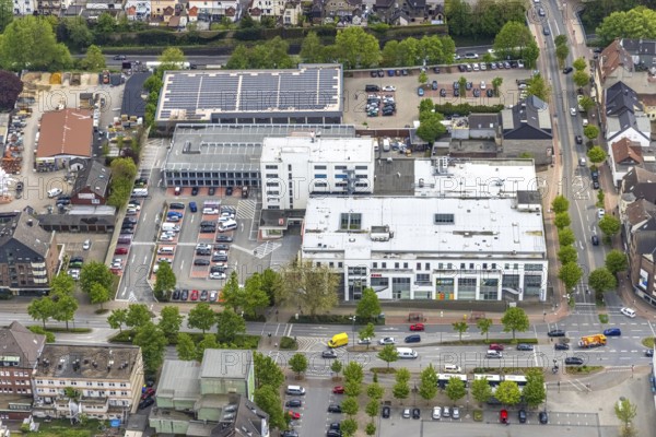Aerial photo, construction site Glückauf-Center, planned refurbishment and renovation, Gladbeck, Ruhr area, North Rhine-Westphalia, Germany, Aldi supermarket, construction work, construction, construction area, building site, building plots, construction measure, construction project, construction site, DE, shopping centre, shopping square, shopping centre, Europe, Horster Straße, aerial view, aerial photography, aerial photography, local supply centre, new building, photovoltaic, photovoltaic system, shopping centre, solar, solar system, solar energy, solar energy, overview, bird's eye view, Wilhelmstraße, birds-eyes view, overview
