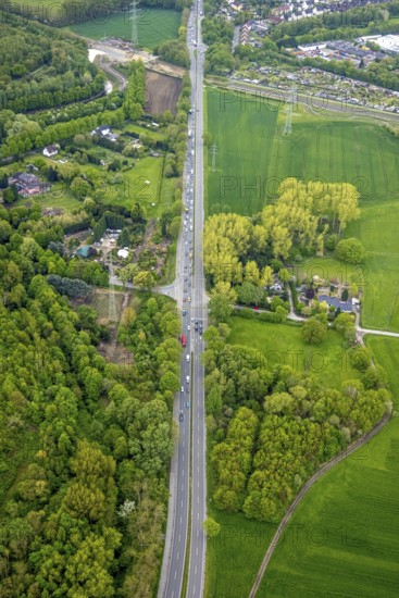 Aerial view, Essener Straße, federal road B224 renaturalisation river Boye, Brauck, Gladbeck, Ruhr area, North Rhine-Westphalia, Germany, federal road B224, DE, Europe, aerial view, aerial photography, aerial photography, road traffic, overview, bird's-eye view, overview