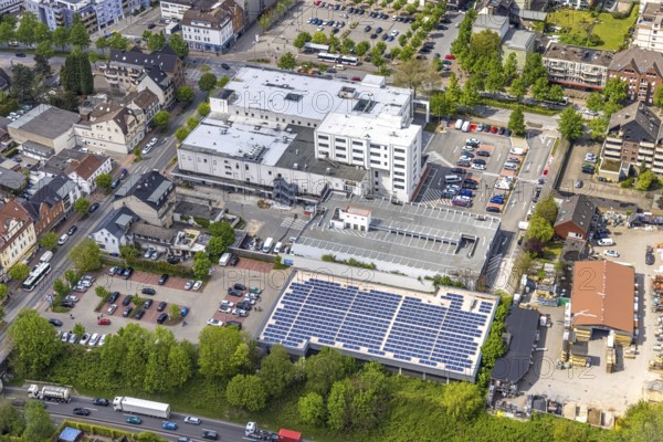 Aerial photo, construction site Glückauf-Center, planned refurbishment and renovation, Gladbeck, Ruhr area, North Rhine-Westphalia, Germany, Aldi supermarket, construction work, construction, construction area, building site, building plots, construction measure, construction project, construction site, DE, shopping centre, shopping square, shopping centre, Europe, Horster Straße, aerial view, aerial photography, aerial photography, local supply centre, new building, photovoltaic, photovoltaic system, shopping centre, solar, solar system, solar energy, solar energy, overview, bird's eye view, Wilhelmstraße, birds-eyes view, overview