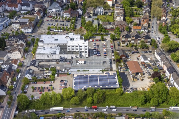 Aerial photo, construction site Glückauf-Center, planned refurbishment and renovation, Gladbeck, Ruhr area, North Rhine-Westphalia, Germany, Aldi supermarket, construction work, construction, construction area, building site, building plots, construction measure, construction project, construction site, DE, shopping centre, shopping square, shopping centre, Europe, Horster Straße, aerial view, aerial photography, aerial photography, local supply centre, new building, photovoltaic, photovoltaic system, shopping centre, solar, solar system, solar energy, solar energy, overview, bird's eye view, Wilhelmstraße, birds-eyes view, overview
