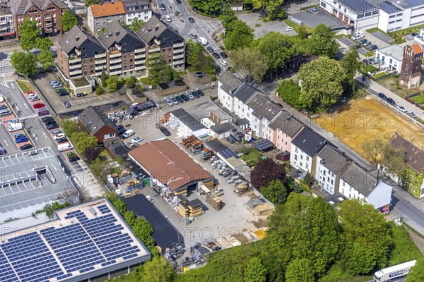 Aerial view, building materials store and construction site Glückauf-Center, planned refurbishment and renovation, Gladbeck, Ruhr area, North Rhine-Westphalia, Germany, construction work, construction, construction area, building site, building plots, construction project, construction site, DE, shopping centre, shopping square, shopping centre, Europe, Horster Straße, aerial view, aerial photography, aerial photography, local supply centre, new building, shopping centre, overview, bird's eye view, Wilhelmstraße, birds-eyes view, overview