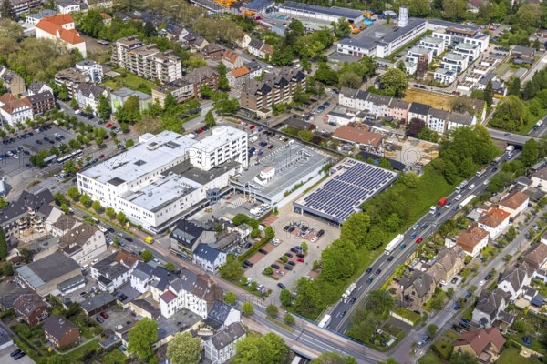 Aerial photo, construction site Glückauf-Center, planned refurbishment and renovation, Gladbeck, Ruhr area, North Rhine-Westphalia, Germany, Aldi supermarket, construction work, construction, construction area, building site, building plots, construction measure, construction project, construction site, DE, shopping centre, shopping square, shopping centre, Europe, Horster Straße, aerial view, aerial photography, aerial photography, local supply centre, new building, photovoltaic, photovoltaic system, shopping centre, solar, solar system, solar energy, solar energy, overview, bird's eye view, Wilhelmstraße, birds-eyes view, overview