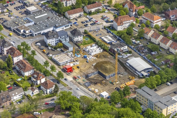 Aerial view, construction site new building for housing and social affairs, former Mercedes-Lueg site Wilhelmstraße, Gladbeck, Ruhr area, North Rhine-Westphalia, Germany, construction work, construction, construction area, construction site, building plots, construction crane, construction project, construction site, DE, Europe, aerial view, aerial photography, aerial photography, new building, overview, bird's-eye view, bird's-eye view, overview