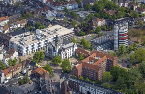 Aerial view, City Hall Gladbeck, Sparkasse Tower, Hoch10 office building, Viktoria-Quartier, city centre view, Gladbeck, Ruhr area, North Rhine-Westphalia, Germany, Old City Hall, authority, City, DE, shopping centre, shopping markets, shopping square, shopping centre, Europe, finance, commercial buildings, high-rise building, city centre, aerial view, aerial photography, aerial photography, local supply centre, new town hall, North Rhine-Westphalia, town hall, shopping, shopping centre, city centre, overview, ViktoriaQuartier, bird's-eye view, Willy-Brandt-Platz, birds-eyes view, overview