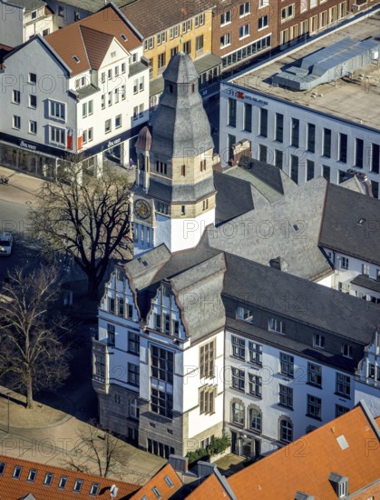 Aerial view, town hall with tower, Gladbeck, Ruhr area, North Rhine-Westphalia, Germany, old town hall, authority, DE, Europe, aerial view, aerial photography, aerial photography, town hall, overview, bird's eye view, Willy-Brandt-Platz, birds-eyes view, overview