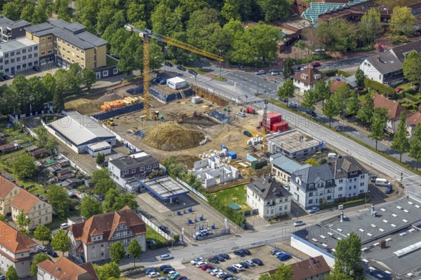 Aerial view, construction site new building for housing and social affairs, former Mercedes-Lueg site Wilhelmstraße, Gladbeck, Ruhr area, North Rhine-Westphalia, Germany, construction work, construction, construction area, construction site, building plots, construction crane, construction project, construction site, DE, Europe, aerial view, aerial photography, aerial photography, new building, overview, bird's-eye view, bird's-eye view, overview