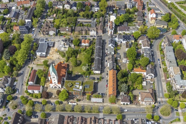 Aerial view, Christ Church and construction site of new kindergarten, former Bonhoeffer House, Postallee, Mittelstraße, Gladbeck, Ruhr area, North Rhine-Westphalia, Germany, place of worship, construction work, construction area, building site, building plots, construction project, construction site, DE, Europe, religious community, place of worship, Humboldtstraße, kindergarten, day nursery, day care centre, church, church community, day care centre, denomination, aerial view, aerial photography, aerial photography, new building, religion, overview, bird's-eye view, overview
