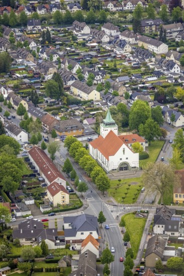 Aerial view, catholic Christus König church, Rentfort, Gladbeck, Ruhr area, North Rhine-Westphalia, Germany, place of worship, DE, Europe, religious community, place of worship, holy place, church, parish, denomination, aerial view, aerial photography, aerial photography, religion, religious site, overview, bird's-eye view, overview