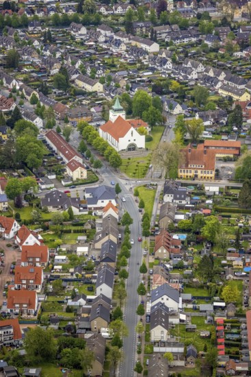 Aerial view, catholic Christus König church, Rentfort, Gladbeck, Ruhr area, North Rhine-Westphalia, Germany, place of worship, DE, Europe, religious community, place of worship, holy place, church, parish, denomination, aerial view, aerial photography, aerial photography, religion, religious site, overview, bird's-eye view, overview