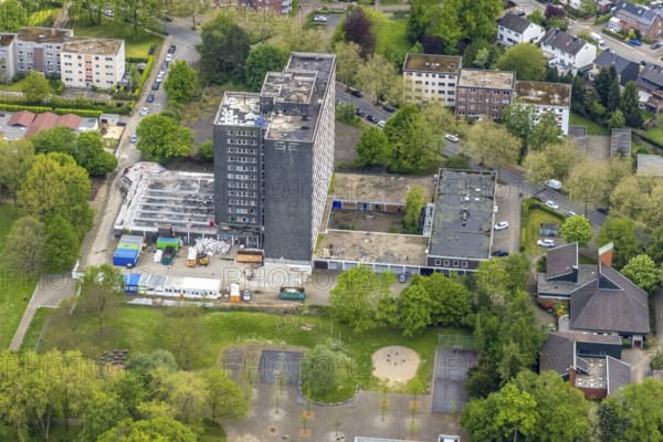 Aerial view, planned demolition high-rise business centre Rentfort-Nord, Schwechater Straße, Rentfort, Gladbeck, Ruhr area, North Rhine-Westphalia, Germany, demolition, DE, Europe, high-rise, high-rise ruin, aerial photograph, aerial photography, aerial photography, overview, bird's-eye view, bird's-eye view, overview, scrap property, social hotspot