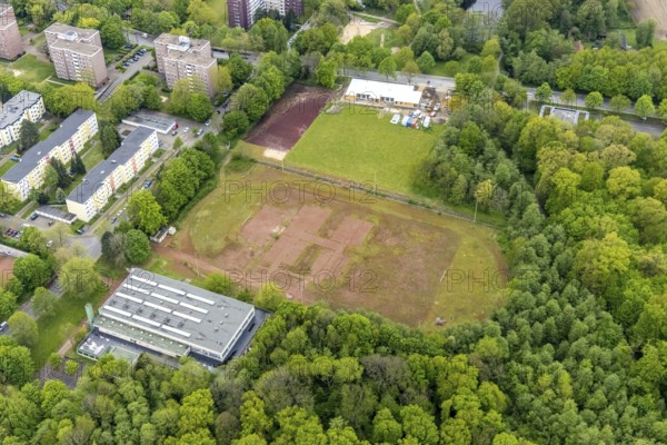 Aerial view, construction site and new building of modular kindergarten at Berliner Straße, Zweckel, Gladbeck, Ruhr area, North Rhine-Westphalia, Germany, DE, Europe, kindergarten, day nursery, day care centre, day nursery, aerial view, aerial photography, aerial photography, modular KITA, overview, bird's-eye view, overview