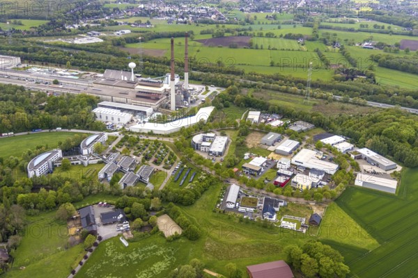 Aerial view, IWG Innovationszentrum Wiesenbusch Gladbeck, Gewerbepark Am Wiesenbusch, Rentfort, Gladbeck, Ruhr area, North Rhine-Westphalia, Germany, DE, Europe, commercial buildings, business district, business centre, commercial space, commercial area, commercial use, autumn colours, industrial area, industrial site, aerial photograph, aerial photography, aerial photography, rental space, Pilkington plant, overview, bird's-eye view, birds-eyes view, overview