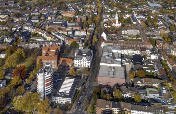 Aerial view, City Hall and Stadtsparkasse Gladbeck High-rise building and Christ Church in Gladbeck, Ruhr area, North Rhine-Westphalia, Germany, place of worship, authority, citizens' office, DE, Europe, finance, Gladbeck, religious community, place of worship, holy place, church, parish, denomination, aerial view, aerial photography, aerial photography, town hall, religion, religious site, savings bank, overview, bird's-eye view, overview