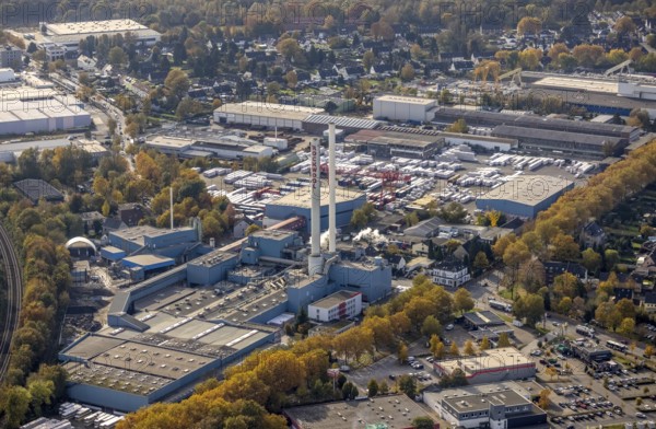Aerial view, industrial area Bottroper Straße and Beisenstraße with Rockwool Operations Gmbh in the district Ellinghorst in Gladbeck, Ruhr area, North Rhine-Westphalia, Germany, DE, Europe, commercial enterprises, commercial area, commercial area, commercial location, commercial use, Gladbeck, industrial area, industrial building, industrial location, aerial view, aerial photography, aerial photography, overview, bird's-eye view, overview