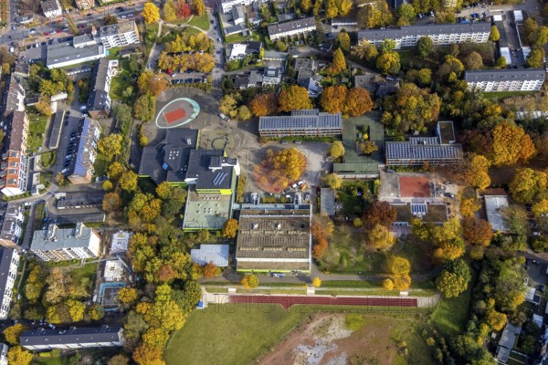 Aerial view, school centre Brauck with Erich Kästner Realschule and Hauptschule in the district Brauck in Gladbeck, Ruhr area, North Rhine-Westphalia, Germany, education, educational institution, DE, Europe, Gladbeck, secondary school, educational institute, aerial view, aerial photography, aerial photography, secondary school, school, overview, bird's eye view, birds-eyes view, overview
