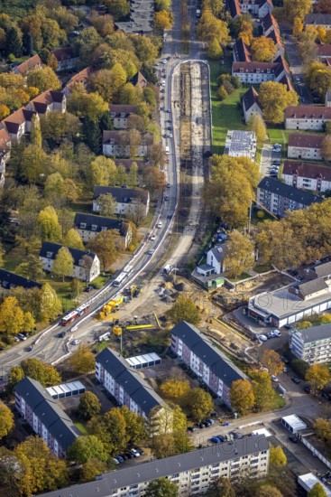 Aerial view, construction site on the Wiesmannstraße Kärntener Ring in the district Brauck in Gladbeck, Ruhr area, North Rhine-Westphalia, Germany, construction work, construction area, construction site, construction measure, construction project, construction site, DE, Europe, Gladbeck, aerial view, aerial photography, aerial photography, road works, overview, bird's eye view, overview