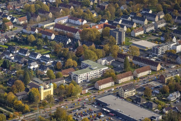 Aerial view, St. Marien church and senior centre St.-Altfrid-Haus in the district of Brauck in Gladbeck, Ruhr area, North Rhine-Westphalia, Germany, retirement home, old people's home, retirement home, place of worship, care and nursing, DE, Europe, Gladbeck, religious community, place of worship, holy place, church, parish, denomination, aerial view, aerial photography, aerial photography, care facility, religion, religious site, retirement home, retirement residence, retirement home, retirement centre, overview, bird's eye view, birds-eyes view, overview