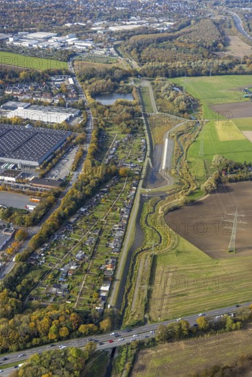 Aerial view, Boyetal-Ost landscape conservation area and river Boye renaturalisation as well as allotment garden association An der Boye in the district Brauck in Gladbeck, Ruhr area, North Rhine-Westphalia, Germany, DE, Europe, community garden, Gladbeck, KGV, allotment garden, allotment garden site, allotment garden association, aerial view, aerial photography, aerial photography, allotment garden, overview, bird's-eye view, overview