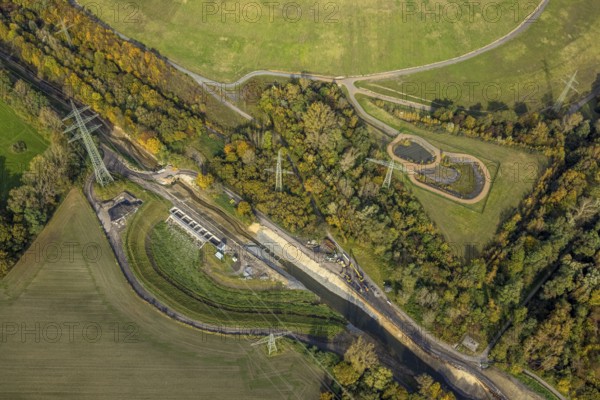 Aerial view, river Boye renaturalisation in the district Boy in Bottrop, Ruhr area, North Rhine-Westphalia, Germany, construction work, construction area, building plots, construction project, construction site, Bottrop, DE, Europe, aerial view, aerial photography, aerial photography, overview, bird's-eye view, overview