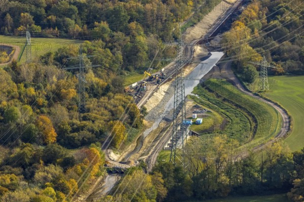 Aerial view, river Boye renaturalisation in the district Boy in Bottrop, Ruhr area, North Rhine-Westphalia, Germany, construction work, construction area, building plots, construction project, construction site, Bottrop, DE, Europe, aerial view, aerial photography, aerial photography, overview, bird's-eye view, overview