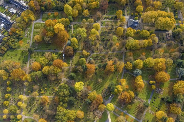 Aerial view, autumn colours at Brauck cemetery in the Brauck district of Gladbeck, Ruhr area, North Rhine-Westphalia, Germany, burial site, DE, Europe, cemetery, memorial, Gladbeck, Gottesacker, graves, burial ground, aerial photograph, aerial photography, aerial photography, resting place, overview, bird's-eye view, overview