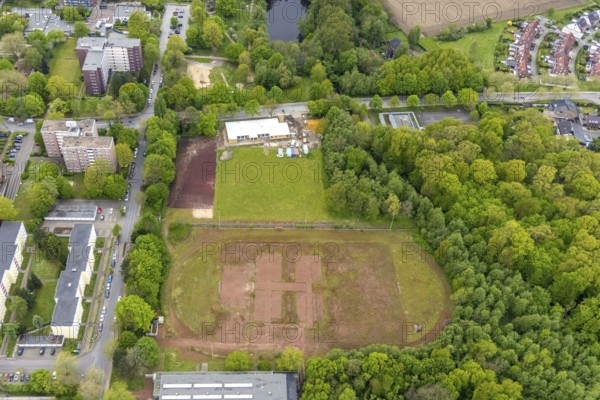 Aerial view, construction site and new building of modular kindergarten at Berliner Straße, Zweckel, Gladbeck, Ruhr area, North Rhine-Westphalia, Germany, DE, Europe, kindergarten, day nursery, day care centre, day nursery, aerial view, aerial photography, aerial photography, modular KITA, overview, bird's-eye view, overview