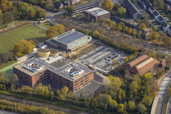 Aerial view, Heisenberg Gymnasium with solar roof and Artur Schirrmacher sports hall in Gladbeck, Ruhr area, North Rhine-Westphalia, Germany, education, educational institution, DE, Europe, Gladbeck, educational institute, aerial view, aerial photography, aerial photography, school, sports hall, overview, bird's-eye view, overview