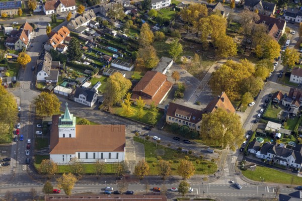 Aerial view, Christus König Church in the district of Rentfort in Gladbeck, Ruhr area, North Rhine-Westphalia, Germany, place of worship, DE, Europe, Gladbeck, religious community, place of worship, holy place, church, parish, denomination, aerial view, aerial photography, aerial photography, religion, religious site, overview, bird's-eye view, overview