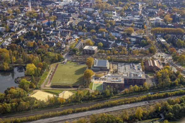 Aerial view, Heisenberg Gymnasium with solar roof and Artur Schirrmacher sports hall in Gladbeck, Ruhr area, North Rhine-Westphalia, Germany, education, educational institution, DE, Europe, football pitch, Gladbeck, educational institute, aerial view, aerial photography, aerial photography, school, sports facilities, sports hall, sports field, sports facility, overview, bird's-eye view, bird's-eye view, overview
