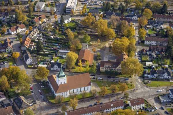 Aerial view, Christus König Church in the district of Rentfort in Gladbeck, Ruhr area, North Rhine-Westphalia, Germany, place of worship, DE, Europe, Gladbeck, religious community, place of worship, holy place, church, parish, denomination, aerial view, aerial photography, aerial photography, religion, religious site, overview, bird's-eye view, overview