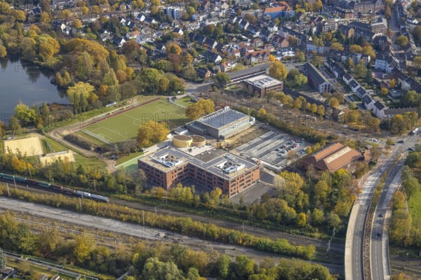 Aerial view, Heisenberg Gymnasium with solar roof and Artur Schirrmacher sports hall in Gladbeck, Ruhr area, North Rhine-Westphalia, Germany, education, educational institution, DE, Europe, Gladbeck, educational institute, aerial view, aerial photography, aerial photography, school, sports hall, overview, bird's-eye view, overview