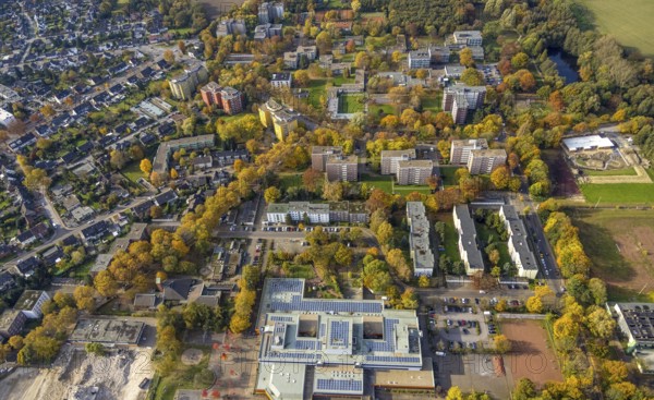 Aerial view, Ingeborg-Drewitz comprehensive school and high-rise housing estate Berliner Straße and Enfieldstraße in the district Rentfort in Gladbeck, Ruhr area, North Rhine-Westphalia, Germany, education, educational institution, DE, Europe, comprehensive school, Gladbeck, property tax, high-rise buildings, real estate, educational institute, aerial photograph, aerial photography, aerial photography, apartment buildings, overview, bird's-eye view, residential complex, living and life, residential area, residential buildings, residential quality, residential neighbourhood, housing estate, birds-eyes view, overview