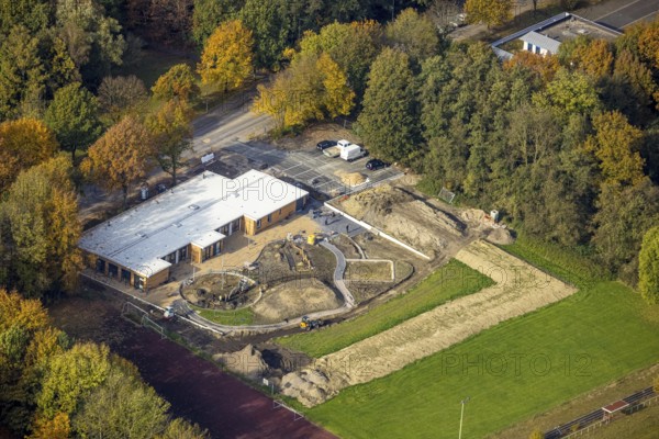 Aerial view, construction site with new building of a municip. Kindergarten Berliner Straße in the district of Zweckel in Gladbeck, Ruhr area, North Rhine-Westphalia, Germany, construction work, construction area, building site, building plots, construction project, construction site, DE, Europe, Gladbeck, kindergarten, day-care centre, day-care centre for children, aerial photograph, aerial photography, aerial photography, new building, overview, bird's-eye view, overview
