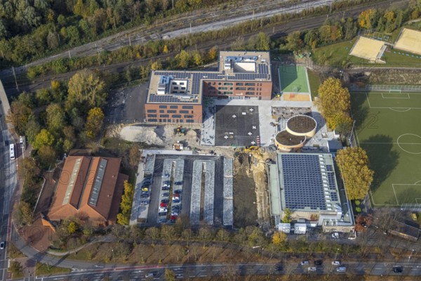 Aerial view, Heisenberg Gymnasium with solar roof and Artur Schirrmacher sports hall in Gladbeck, Ruhr area, North Rhine-Westphalia, Germany, education, educational institution, DE, Europe, Gladbeck, educational institute, aerial view, aerial photography, aerial photography, school, sports hall, overview, bird's-eye view, overview