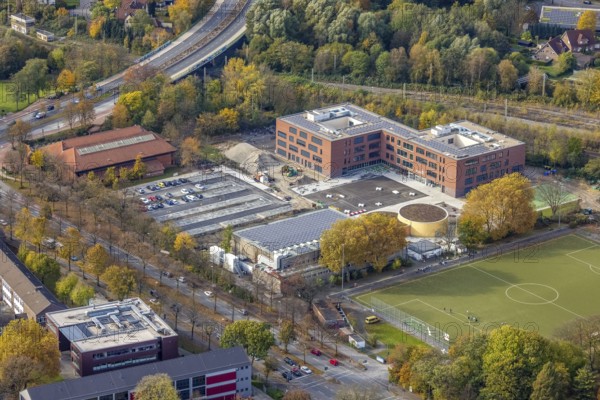 Aerial view, Heisenberg Gymnasium with solar roof and Artur Schirrmacher sports hall in Gladbeck, Ruhr area, North Rhine-Westphalia, Germany, education, educational institution, DE, Europe, Gladbeck, educational institute, aerial view, aerial photography, aerial photography, school, sports hall, overview, bird's-eye view, overview
