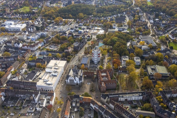 Aerial view, city view with town hall and Stadtsparkasse Gladbeck skyscraper in Gladbeck, Ruhr area, North Rhine-Westphalia, Germany, authority, DE, Europe, finance, Gladbeck, aerial view, aerial photography, aerial photography, town hall, overview, bird's-eye view, overview