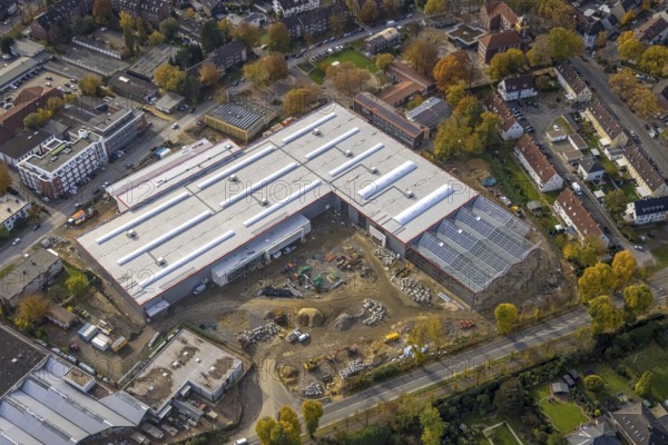 Aerial view, industrial area Krusenkamp with construction site and new building for planned DIY store in Gladbeck Ost, Mitte II in Gladbeck, Ruhr area, North Rhine-Westphalia, Germany, construction work, construction area, construction site, construction project, construction site, DE, Europe, commercial enterprises, commercial area, commercial park, commercial location, commercial use, Gladbeck, industrial area, industrial building, industrial location, aerial view, aerial photography, aerial photography, new building, overview, bird's-eye view, overview