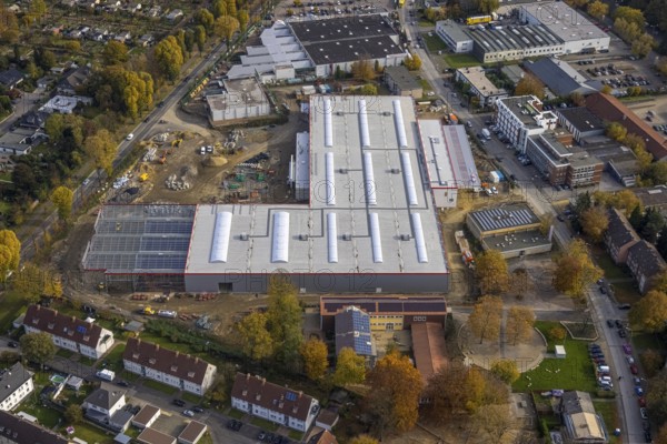 Aerial view, industrial area Krusenkamp with construction site and new building for planned DIY store in Gladbeck Ost, Mitte II in Gladbeck, Ruhr area, North Rhine-Westphalia, Germany, construction work, construction area, construction site, construction project, construction site, DE, Europe, commercial enterprises, commercial area, commercial park, commercial location, commercial use, Gladbeck, industrial area, industrial building, industrial location, aerial view, aerial photography, aerial photography, new building, overview, bird's-eye view, overview