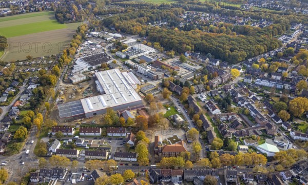 Aerial view, industrial area Krusenkamp with construction site and new building for planned DIY store in Gladbeck Ost, Mitte II in Gladbeck, Ruhr area, North Rhine-Westphalia, Germany, construction work, construction area, construction site, construction project, construction site, DE, Europe, commercial enterprises, commercial area, commercial park, commercial location, commercial use, Gladbeck, industrial area, industrial building, industrial location, aerial view, aerial photography, aerial photography, new building, overview, bird's-eye view, overview