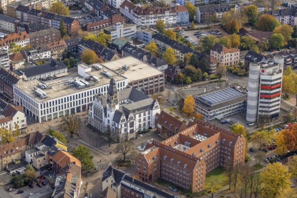 Aerial view, City Hall and Stadtsparkasse Gladbeck high-rise building in Gladbeck, Ruhr area, North Rhine-Westphalia, Germany, authority, citizens' office, DE, Europe, finance, Gladbeck, aerial view, aerial photography, aerial photography, city hall, savings bank, overview, bird's-eye view, overview
