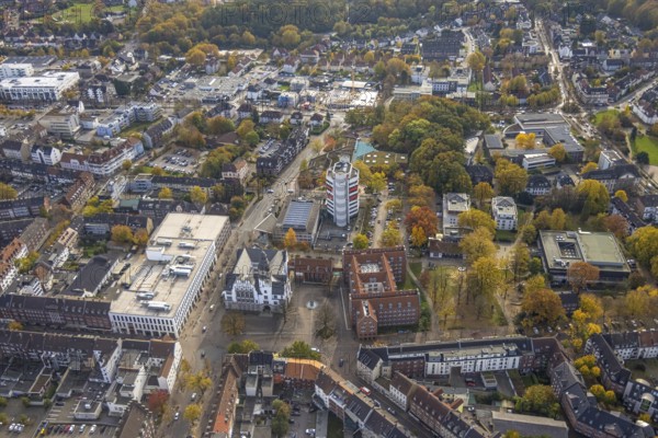Aerial view, city view with town hall and Stadtsparkasse Gladbeck skyscraper in Gladbeck, Ruhr area, North Rhine-Westphalia, Germany, authority, citizens' office, DE, Europe, finance, Gladbeck, aerial view, aerial photography, aerial photography, town hall, savings bank, overview, bird's eye view, birds-eyes view, overview