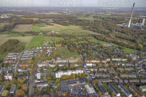 Aerial view, Schlägel und Eisen housing estate with construction site for the new construction of a nursing home for the elderly and residential quarter on the corner of Bohnekampstrasse and Schlägelstrasse in the district of Zweckel in Gladbeck, Ruhr area, North Rhine-Westphalia, Germany, residential home for the elderly, construction work, construction area, construction site, building plots, construction project, construction project, construction site, care and nursing, DE, Europe, Gladbeck, property tax, real estate, aerial view, aerial photography, aerial photography, new construction, care facility, retirement home, overview, bird's-eye view, residential complex, living and living, residential area, residential buildings, residential quality, residential neighbourhood, housing estate, birds-eyes view, overview