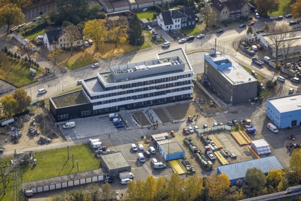 Aerial view, new construction of the administration building ELE Verteilnetz GmbH in Gladbeck, Ruhr area, North Rhine-Westphalia, Germany, DE, energy supplier, energy industry, Europe, Gladbeck, aerial photograph, aerial photography, aerial photography, electricity supply company, overview, bird's-eye view, birds-eyes view, overview