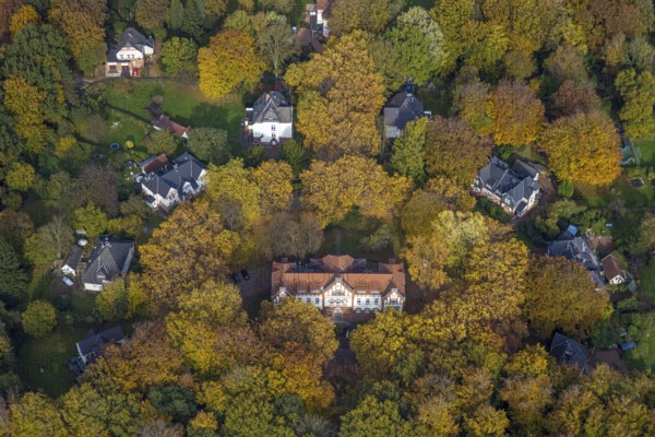 Aerial view, music school of the city of Gladbeck in the autumnal forest in the district Rentfort in Gladbeck, Ruhr area, North Rhine-Westphalia, Germany, DE, Europe, Gladbeck, aerial view, aerial photography, aerial photography, school, overview, bird's eye view, birds-eyes view, overview