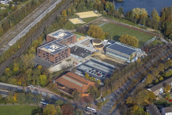 Aerial view, Heisenberg Gymnasium with solar roof and Artur Schirrmacher sports hall in Gladbeck, Ruhr area, North Rhine-Westphalia, Germany, education, educational institution, DE, Europe, Gladbeck, educational institute, aerial view, aerial photography, aerial photography, school, sports hall, overview, bird's-eye view, overview