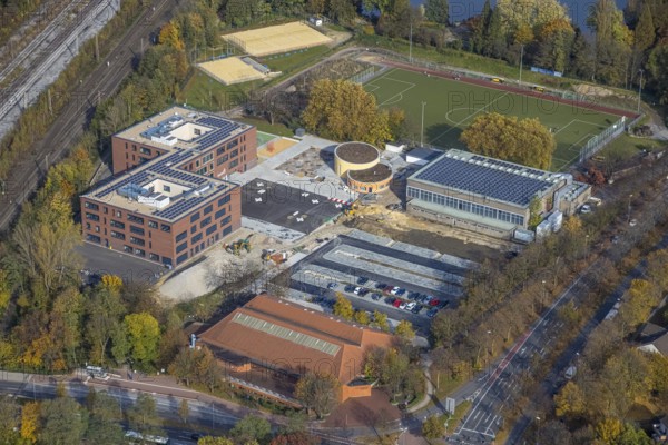 Aerial view, Heisenberg Gymnasium with solar roof and Artur Schirrmacher sports hall in Gladbeck, Ruhr area, North Rhine-Westphalia, Germany, education, educational institution, DE, Europe, Gladbeck, educational institute, aerial view, aerial photography, aerial photography, school, sports hall, overview, bird's-eye view, overview