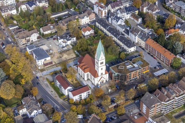 Aerial view, Christ Church and construction site with new kindergarten at the former Bonhoeffer House in the Postallee in Gladbeck, Ruhr area, North Rhine-Westphalia, Germany, place of worship, construction work, construction area, building site, building plots, construction project, construction site, DE, Europe, Gladbeck, religious community, place of worship, holy place, kindergarten, day care centre, day care centre, church, parish, day care centre, denomination, aerial view, aerial photography, aerial photography, new building, religion, religious site, overview, bird's-eye view, overview