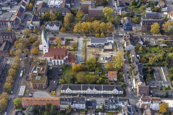 Aerial view, Christ Church and construction site with new kindergarten at the former Bonhoeffer House in the Postallee in Gladbeck, Ruhr area, North Rhine-Westphalia, Germany, place of worship, construction work, construction area, building site, building plots, construction project, construction site, DE, Europe, Gladbeck, religious community, place of worship, holy place, kindergarten, day care centre, day care centre, church, parish, day care centre, denomination, aerial view, aerial photography, aerial photography, new building, religion, religious site, overview, bird's-eye view, overview